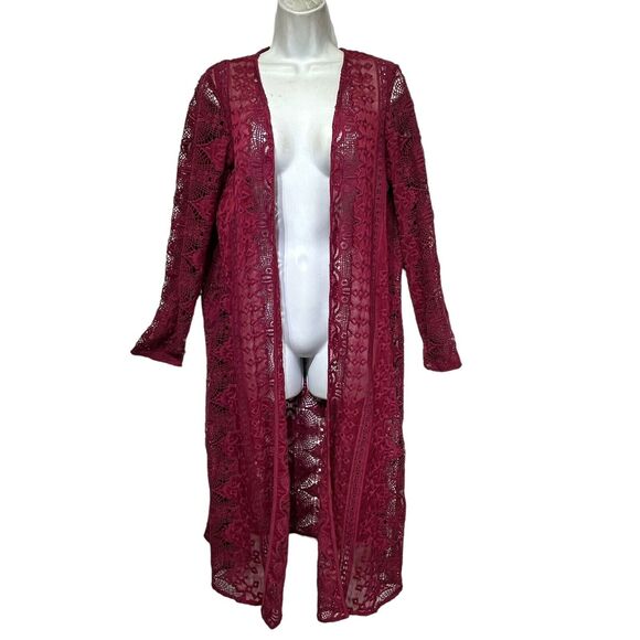 FOR LOVE & LEMONS burgundy crochet long duster cardigan OS - Picture 1 of 11